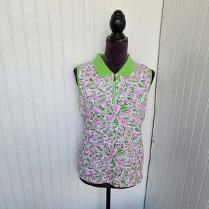 Liz Golf Women Sleeveless Polo Top Stretch Knit Floral Print Green Pink Zip M